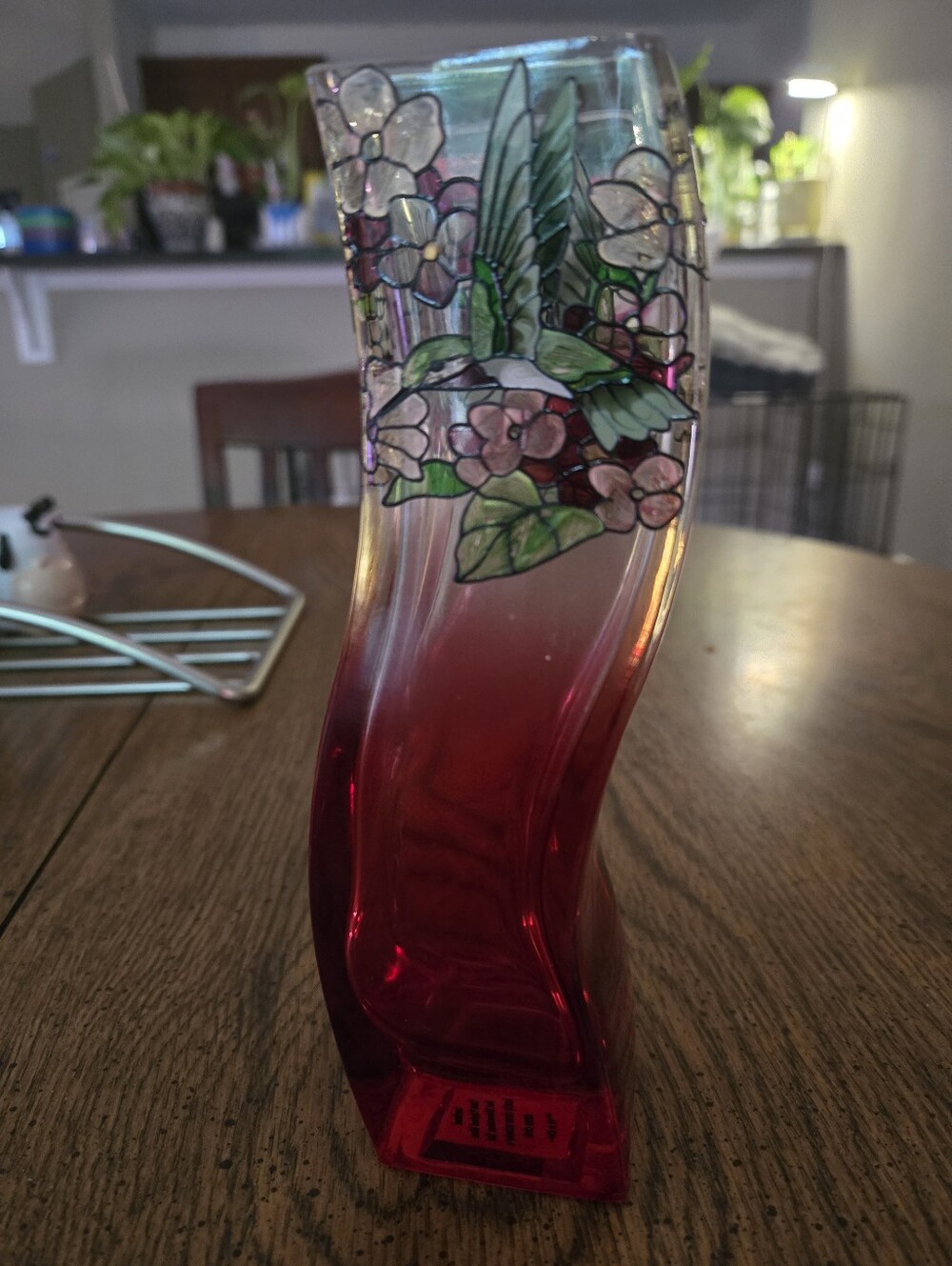 Red Curved Glass Vase with Hand-Painted Floral & Hummingbird Motif